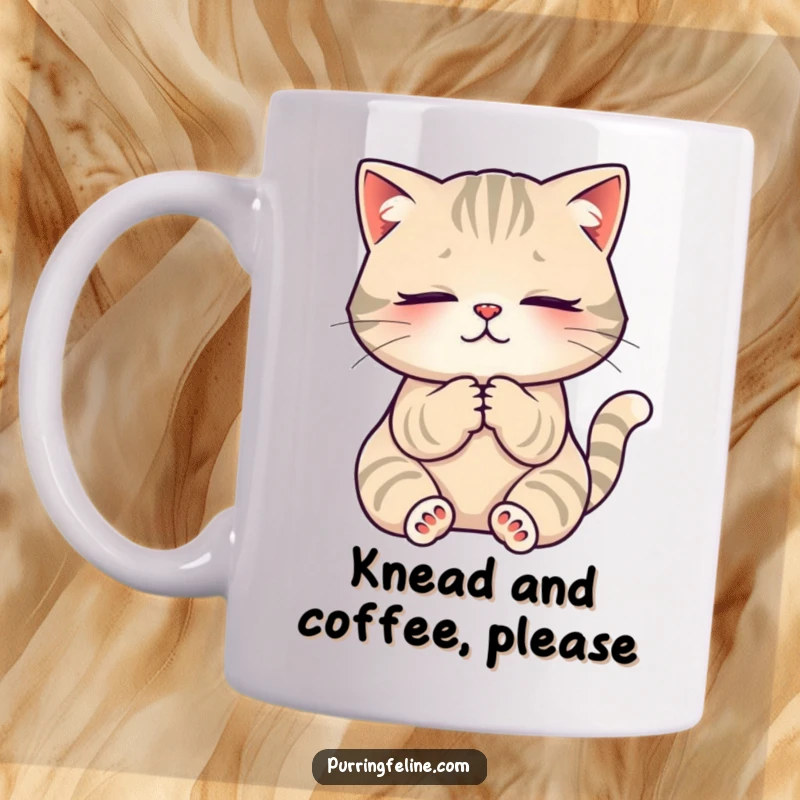 Funny Mug: A serene cat kneading its paws with a blissful expression, radiating comfort and joy.