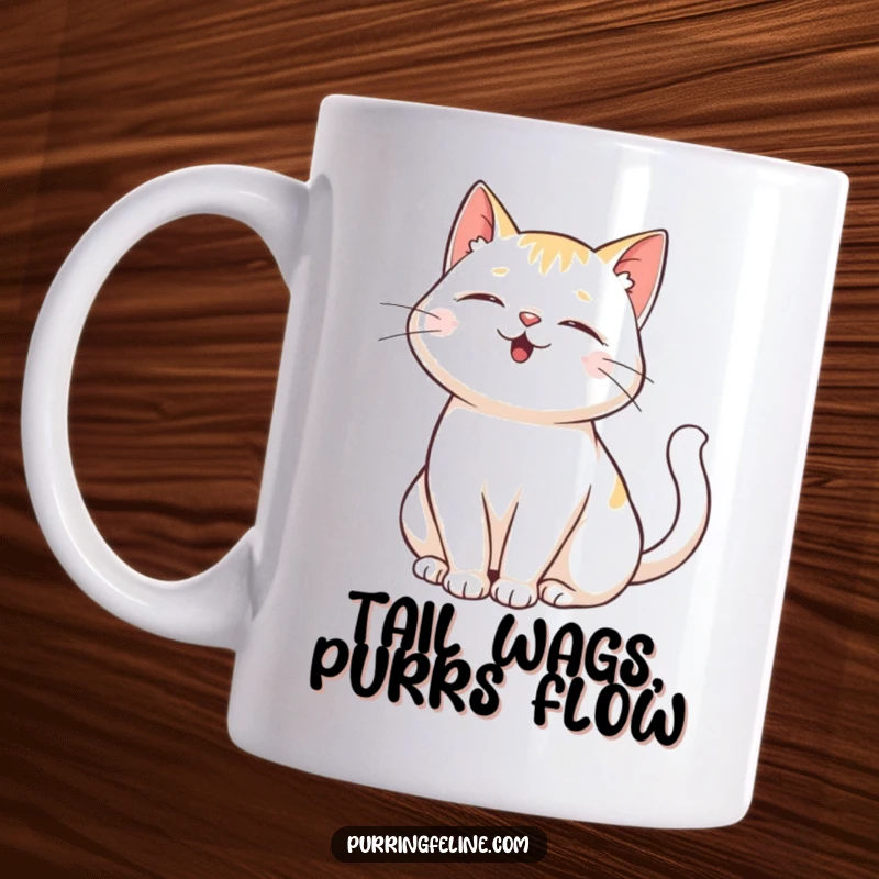 Funny Purring Cat Mug: A delighted cat purring with its tail gently swaying in a picture of pure contentment.