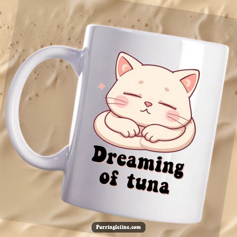 Funny Mug depicting a deeply sleeping cat with subtle indications of soft, contented purring.