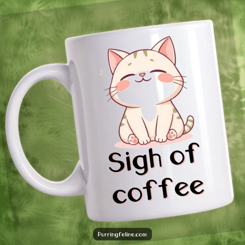 Funny mug illustrating a joyful cat exhaling a gentle sigh of pure comfort and happiness, capturing a moment of bliss.
