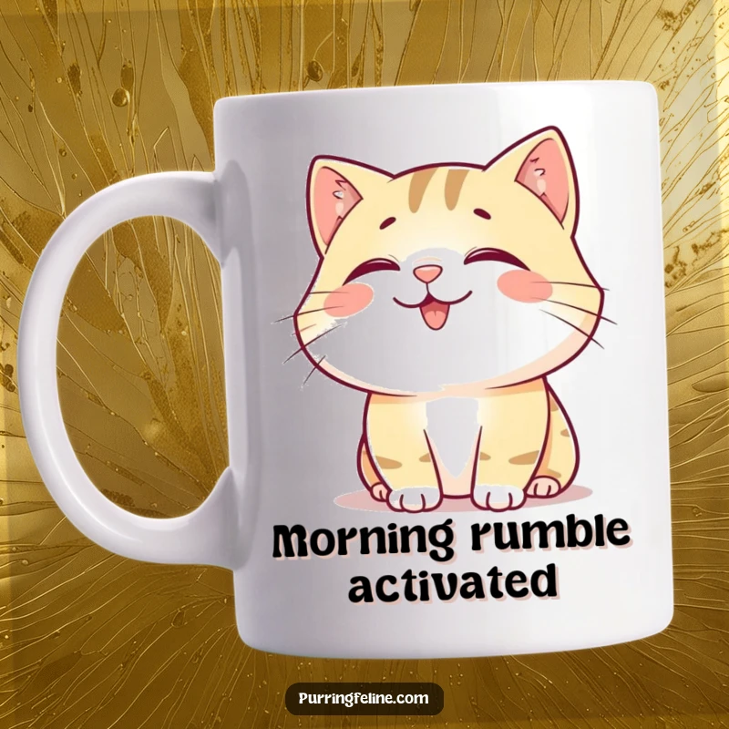 Funny Mug: A happy, content cat emanating a soft rumble, symbolizing pure joy and peacefulness.