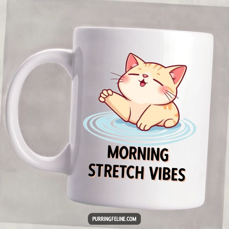 Funny contented cat mug, showing a cat stretching with its purr creating visible ripples, radiating peace and happiness.