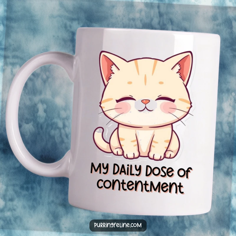 Funny Mug featuring a soft-eyed, gently purring cat with a serene, peaceful expression, radiating calm.