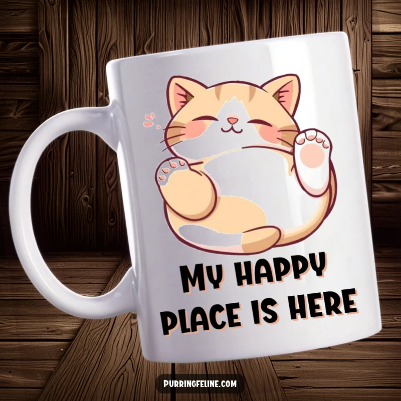 Funny Cat Kneading Mug featuring a happy cat lying on its back, paws making biscuits in the air, pure contentment.
