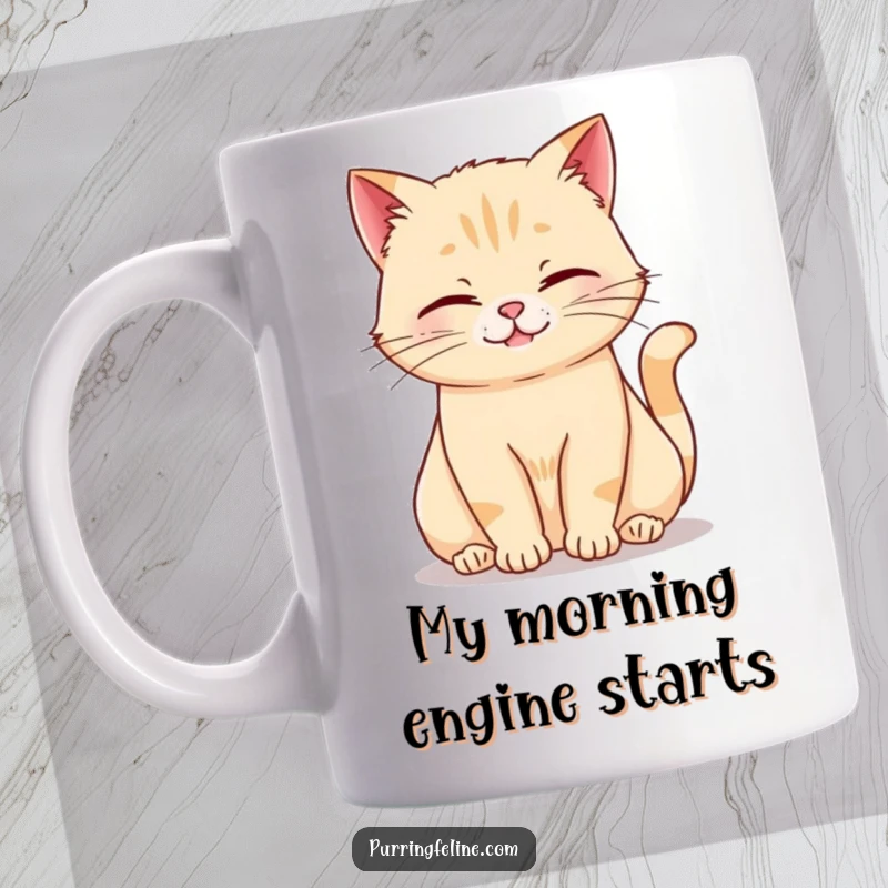 Funny rumbling cat mug showcasing a relaxed feline with closed eyes, emitting a gentle, comforting rumble.
