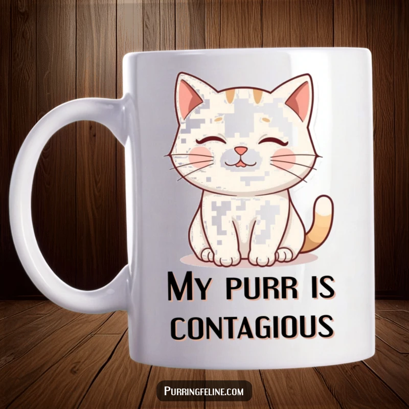 Funny Mug: A contented cat’s gentle purr subtly creating a visual ripple effect, symbolizing peaceful vibrations.