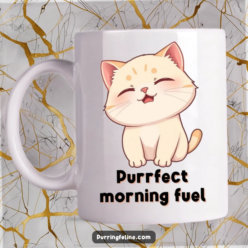 Funny mug depicting a blissful cat purring loudly while receiving a gentle head scratch, enjoying pure tactile delight.