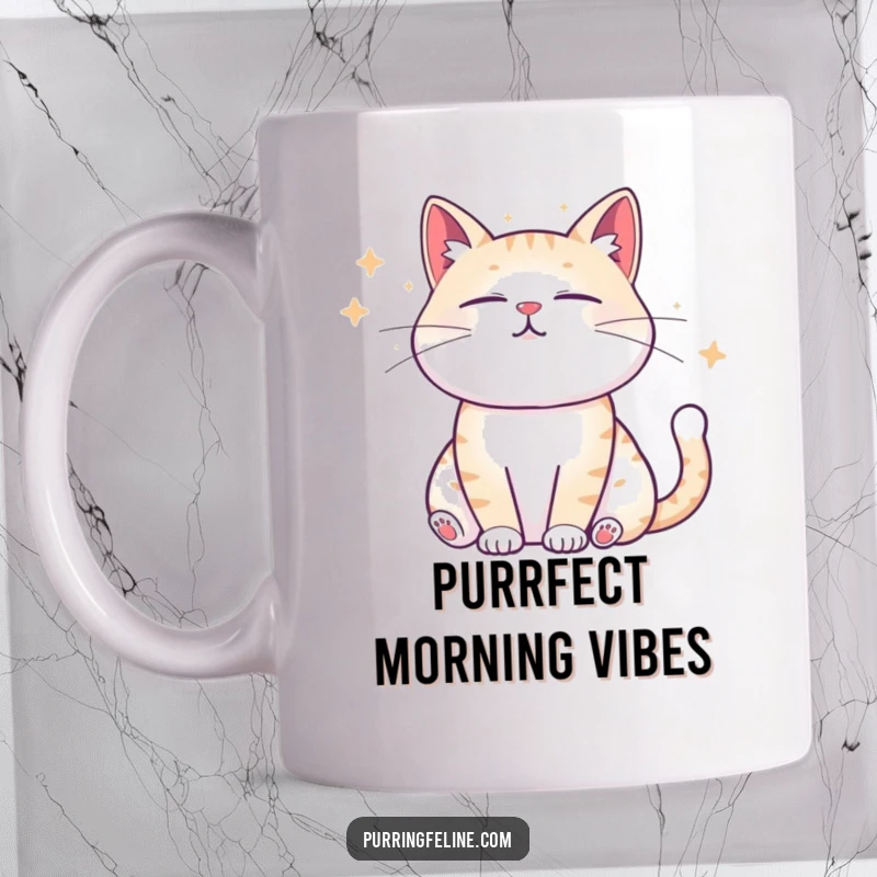 Funny Mug with a tranquil cat emitting visible waves of calm sound, promoting relaxation and smiles.