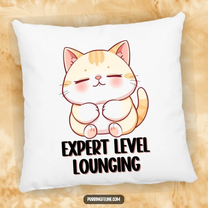 Funny Cat Pillow featuring a relaxed cat purring deeply, showcasing ultimate contentment and a humorous, cozy feel for ultimate relaxation.