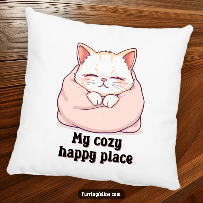 Funny cat pillow, cozy cat in a blanket, purring audibly, soft and humorous home decor, ideal funny gift.