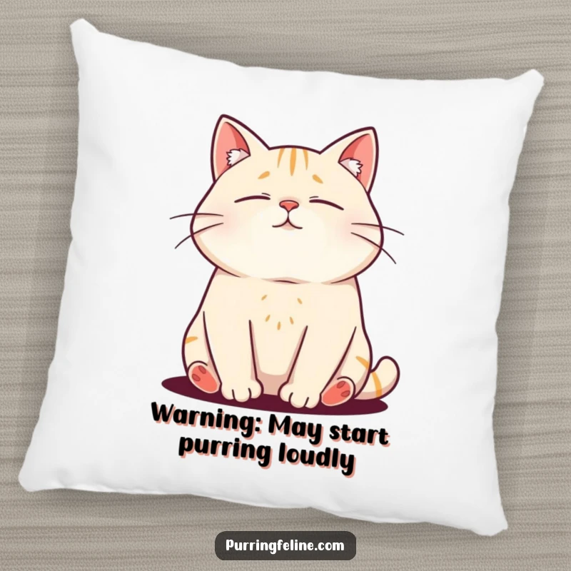 Funny pillow design of a deeply relaxed cat radiating gentle purr vibrations, offering comfort and humor.