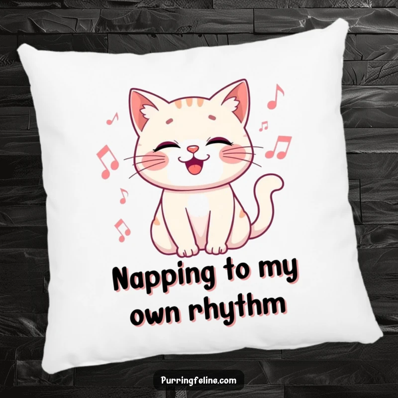 Funny Pillow featuring a happy cat vibrating gently, surrounded by musical notes, for cozy enjoyment.
