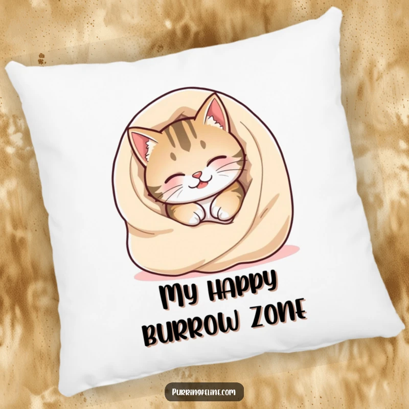 Funny Cozy Cat Pillow featuring a happy cat burrowing into a warm, soft blanket, embodying ultimate comfort and peace.