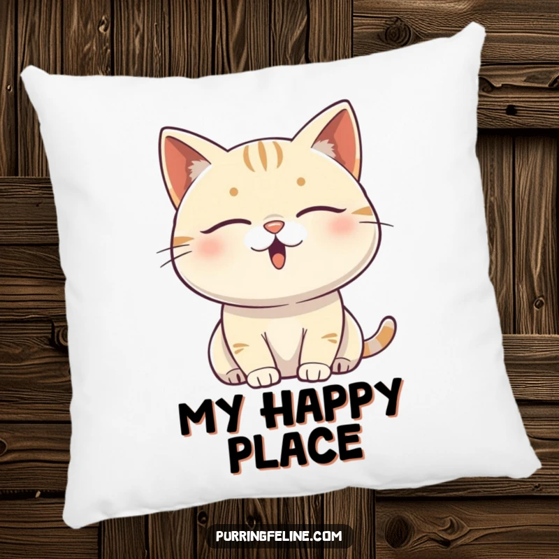 Funny content cat pillow featuring a blissful cat with closed eyes, vibrating with subtle, peaceful, and happy energy.