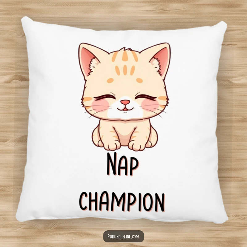 Funny Pillow with a content cat cub, closed eyes, and a serene smile, offering comfort and a humorous touch of peace.