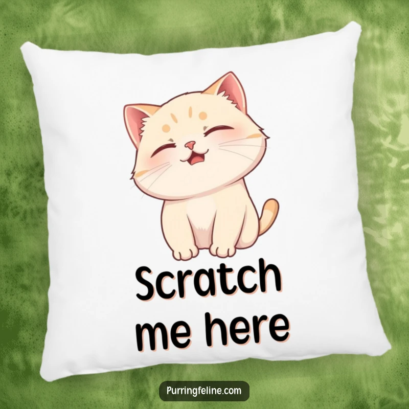 Funny cat pillow depicting a purring cat enjoying a head scratch, offering comfort and a touch of tactile happiness.