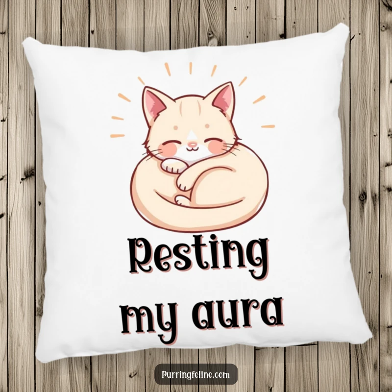 Funny Pillow showcasing a curled cat with soft waves of contentment radiating outwards, offering ultimate peace and cozy comfort.