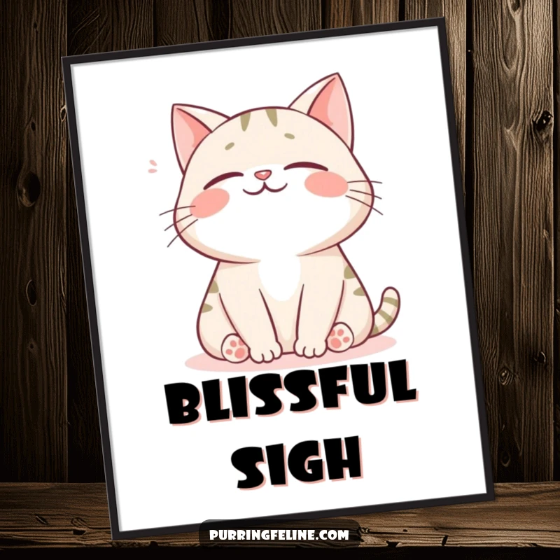 Funny cat digital art print showing a happy cat gently sighing, evoking tranquility and pure comfort.