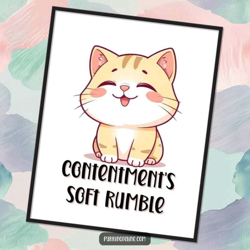 Funny Digital Art Print: A happy, content cat emanating a soft rumble, symbolizing calm and joyful contentment.
