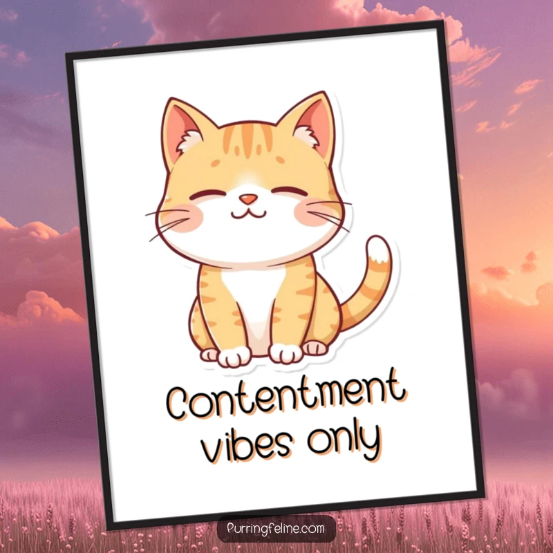Funny contented cat digital art print, a cat radiating calm with a gentle smile and softly twitching tail, ready to frame.
