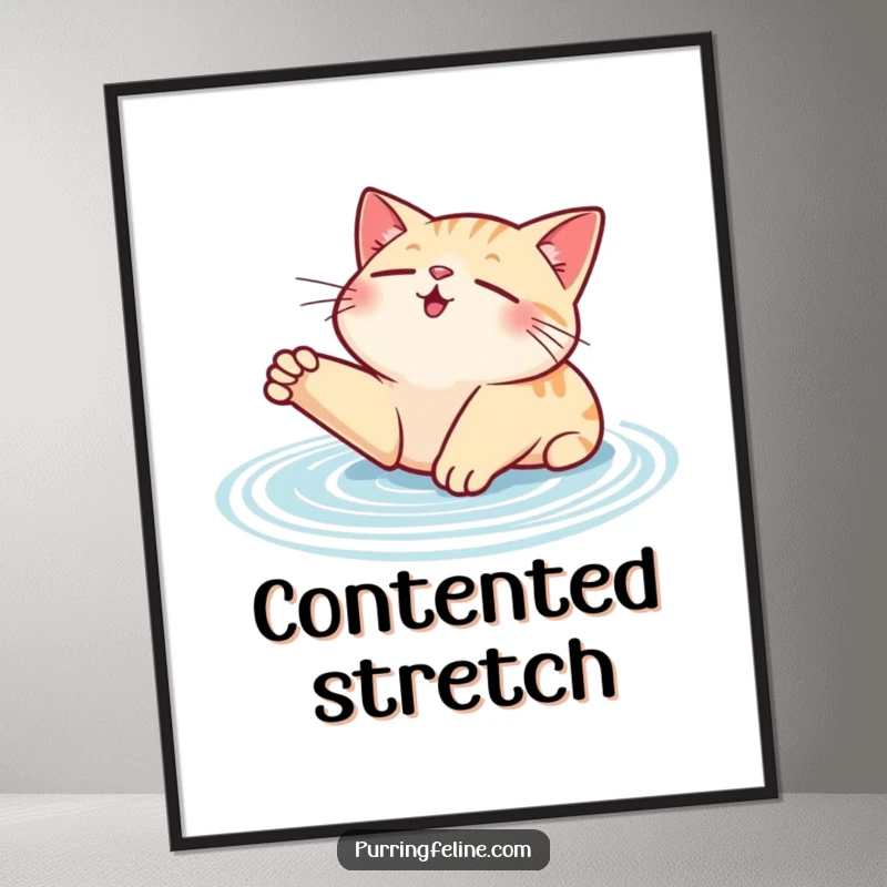 Funny contented cat digital art print, showing a cat stretching with visible purr ripples, radiating peace and contentment.