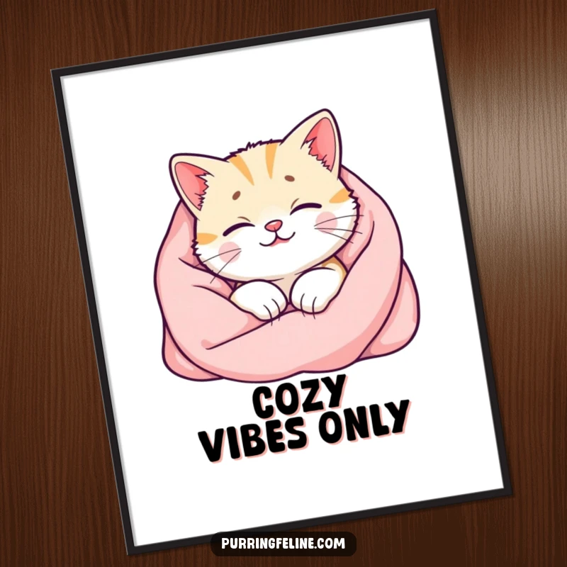 Funny cat digital art print of a happy cat in a blanket, its purr visible as a warm glow, perfect for cozy home decor.