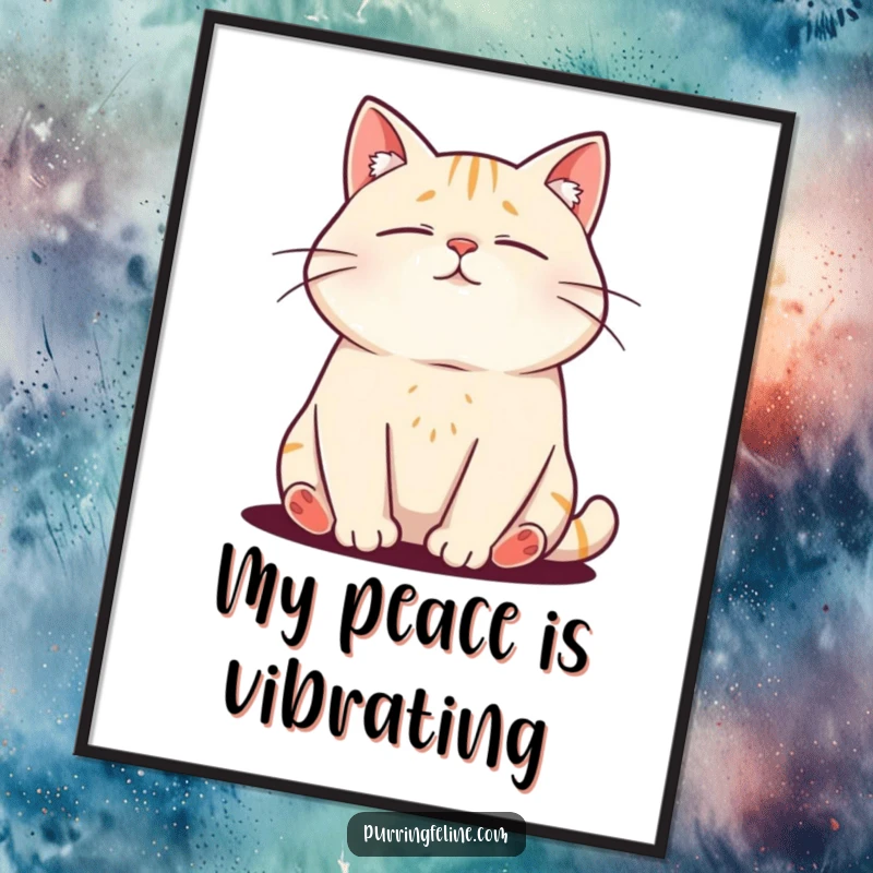 Funny digital art print of a relaxed cat vibrating with purrs, captured in a moment of pure, tranquil feline bliss.