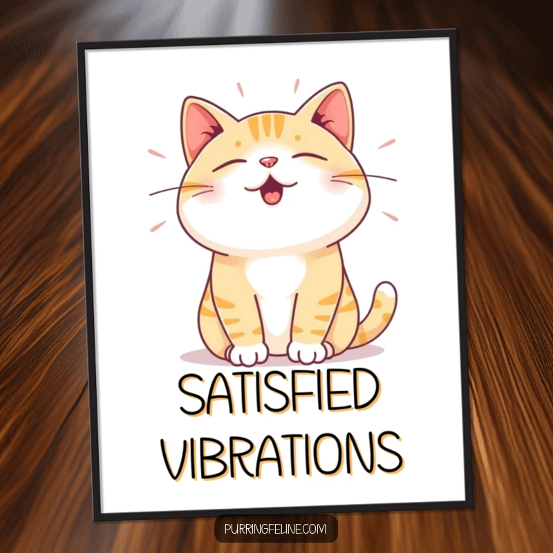 Funny Digital Art Print: A cat expressing deep satisfaction through subtle vibrations, symbolizing calm and contentment.