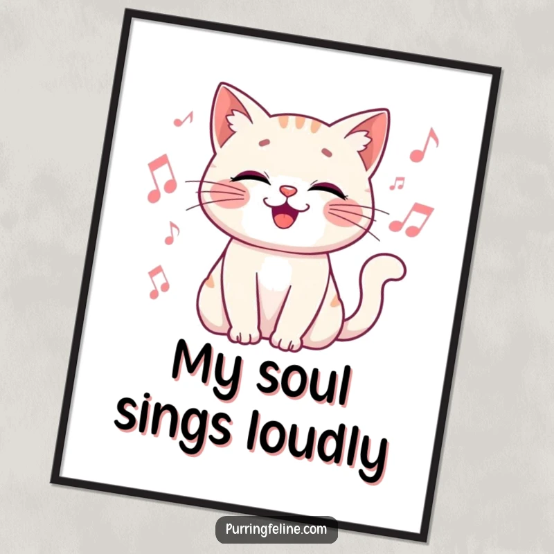 Funny Digital Art Print of a happy cat vibrating gently, surrounded by musical notes, full of joy.