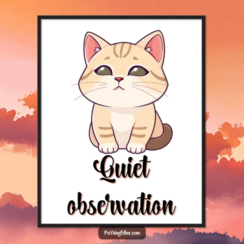 Funny cat digital art print showing a tranquil cat with soft eyes observing, evoking peace and quiet contemplation.
