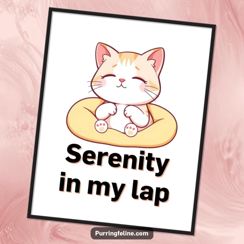 Funny serene cat digital art print, a cat purring contentedly in a warm lap, radiating cozy comfort, ready to frame.