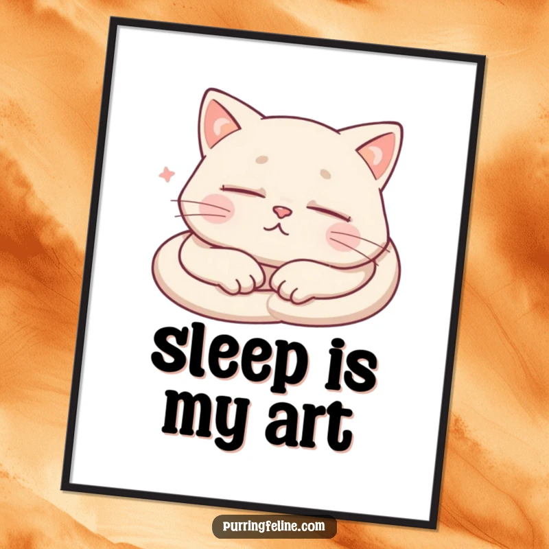 Funny Digital Art Print of a sleeping cat with subtle purring indicators, bringing humorous tranquility to your decor.