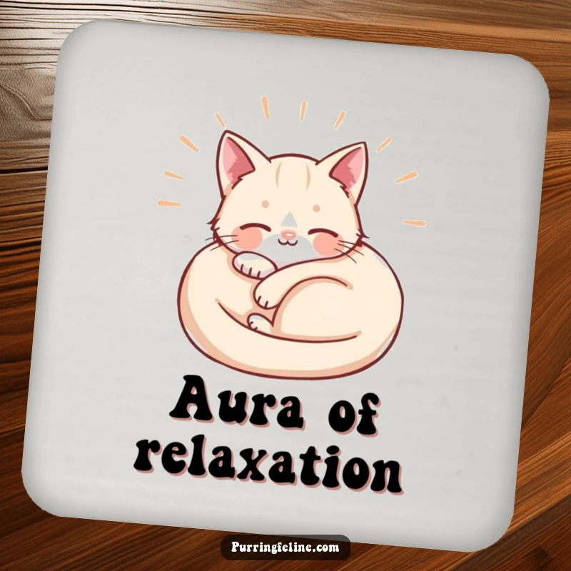 Funny Coasters showcasing a curled cat with soft waves of contentment radiating outwards, adding peaceful vibes to any table.
