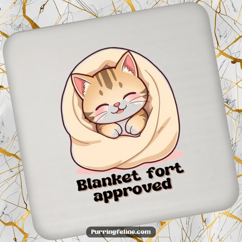 Funny Cozy Cat Coaster featuring a happy cat burrowing into a warm, soft blanket, protecting your furniture with style.