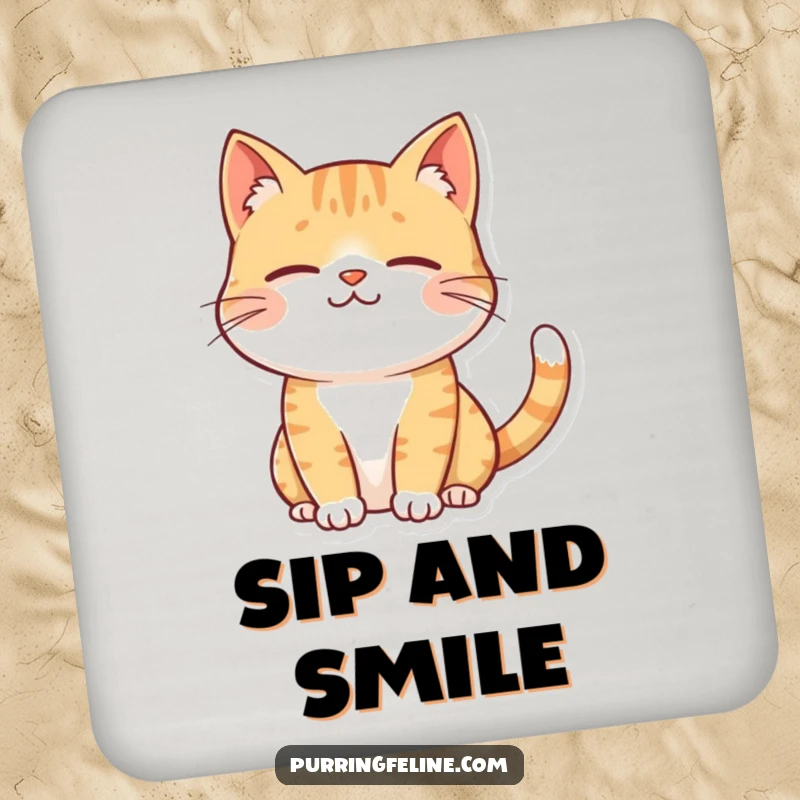 Funny contented cat coasters, a smiling cat with a twitching tail, offering calm protection for surfaces.