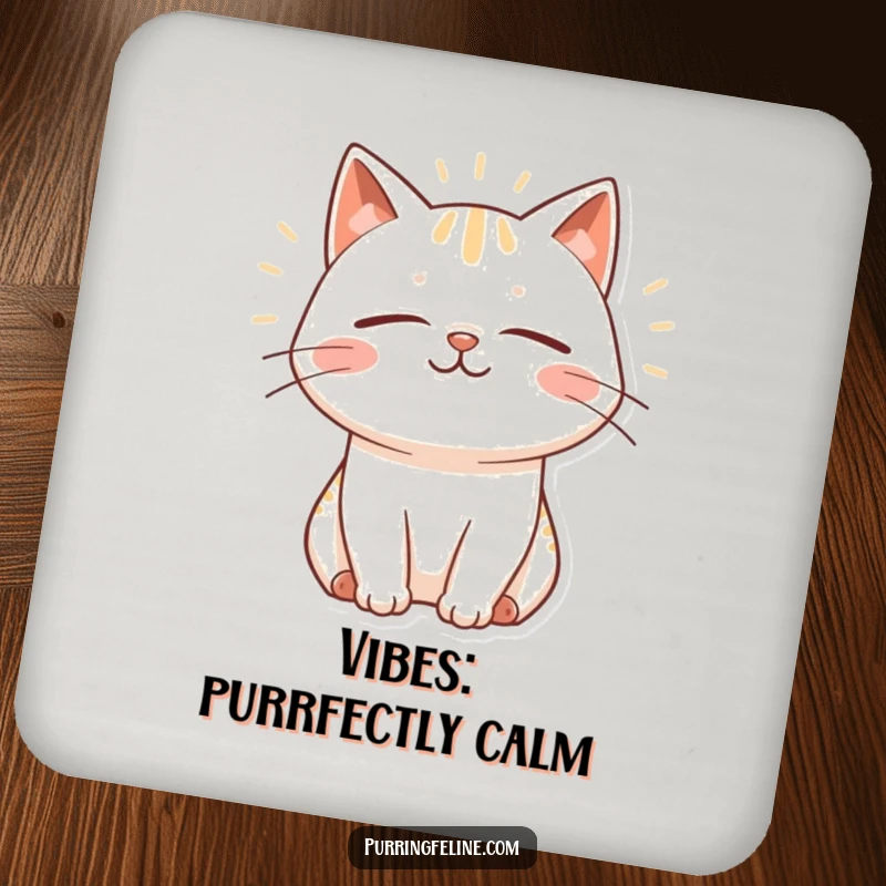 Funny Coasters showcasing a contented cat with closed eyes emitting peaceful vibrations, adding happy vibes to any table setting.