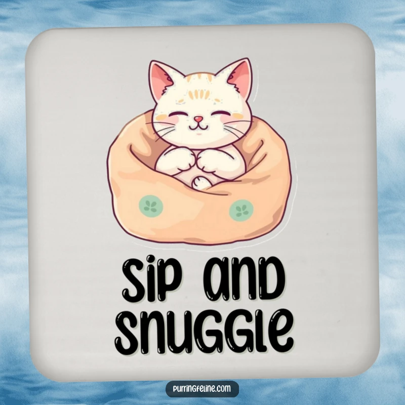 Funny Coasters showcasing a cat in a cozy blanket, its body vibrating harmoniously, adding peaceful vibes to any table.