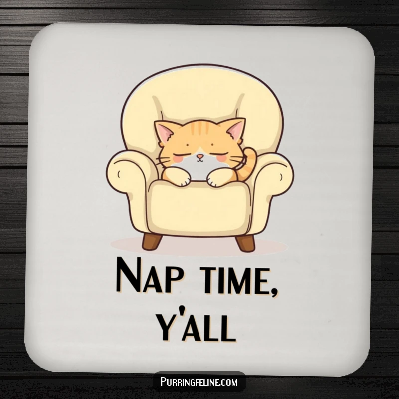Funny drink coasters featuring a sleepy cat dozing in a cozy armchair, protecting furniture with adorable, humorous style.