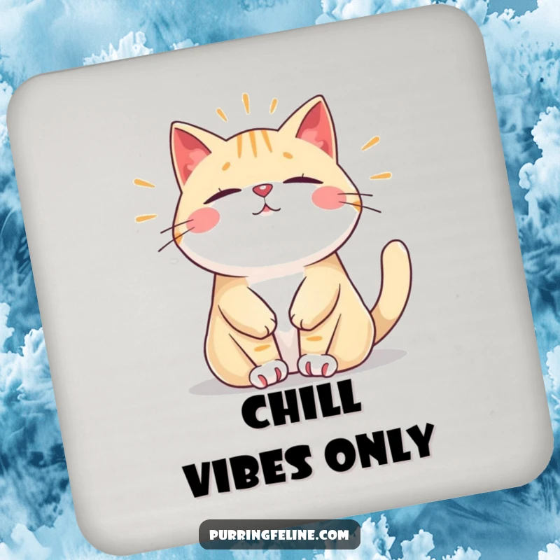 Funny coaster with a relaxed cat vibrating with a peaceful, steady hum, offering humorous protection and calm, a practical and cute gift.