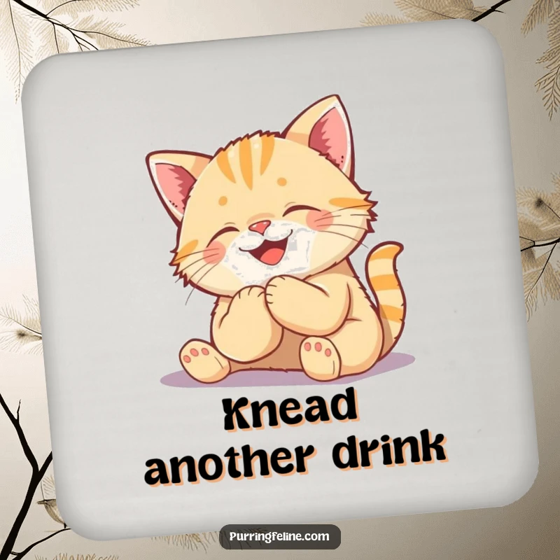 Funny Kneading Cat Cub Drink Coaster - a cheerful kitten making biscuits, offering surface protection with cozy, humorous appeal.