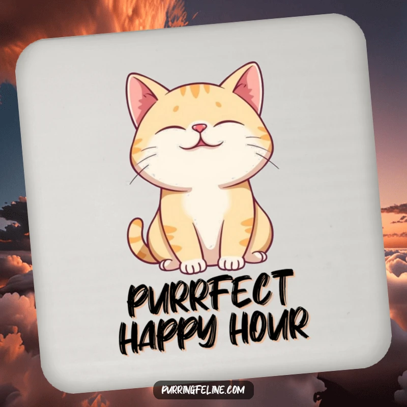 Funny Coasters showcasing a purring cat with eyes closed and a relaxed posture, offering humorous protection.