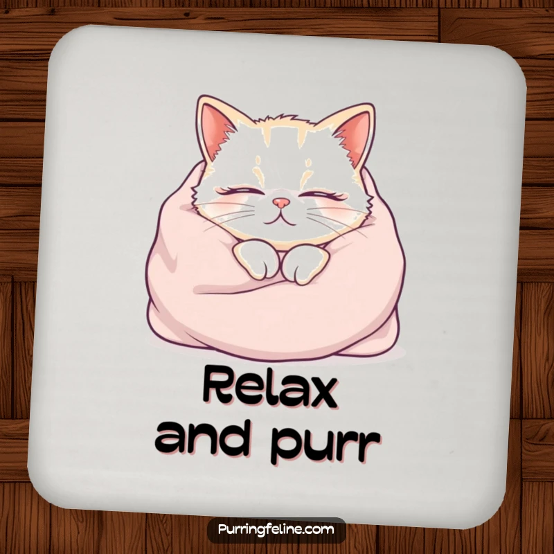 Funny cat coasters, cozy cat purring audibly, humorous home decor, ideal funny gift.