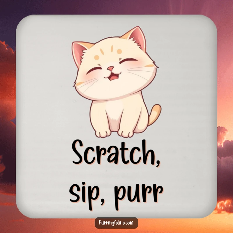 Funny cat drink coaster featuring a purring cat enjoying a head scratch, offering comfort and surface protection.