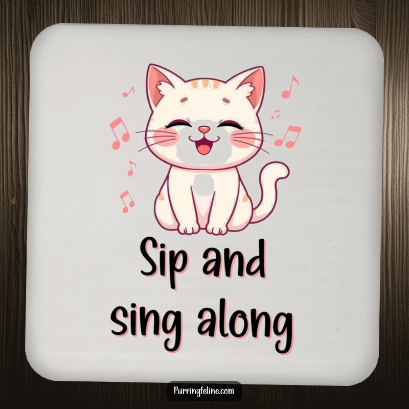 Funny Drink Coaster featuring a happy cat vibrating gently, surrounded by musical notes, adding rhythm.