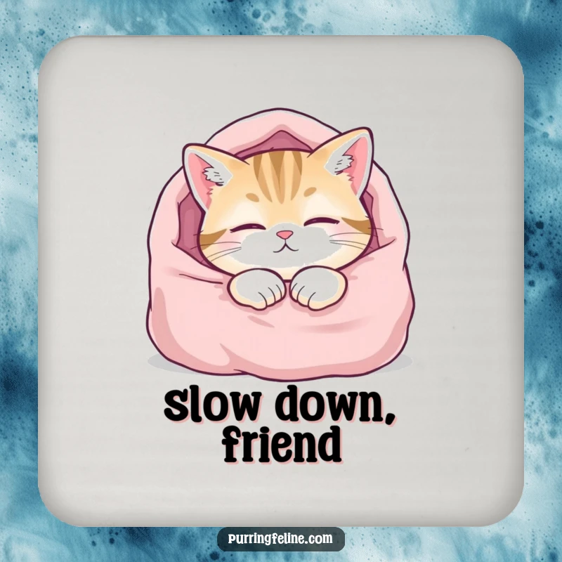 Funny drink coasters featuring a content cat napping peacefully in a blanket, protecting furniture with adorable, humorous style.