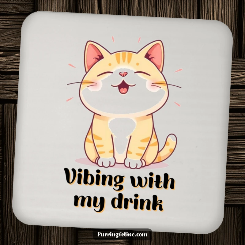 Funny Coaster: A cat expressing deep satisfaction through subtle vibrations, protecting surfaces with serene charm.