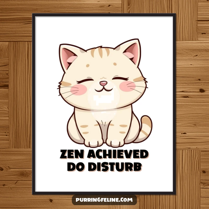 Funny Cat Poster: A tranquil cat exuding peace with a soft, happy rumble. Humorous wall art for cat enthusiasts.