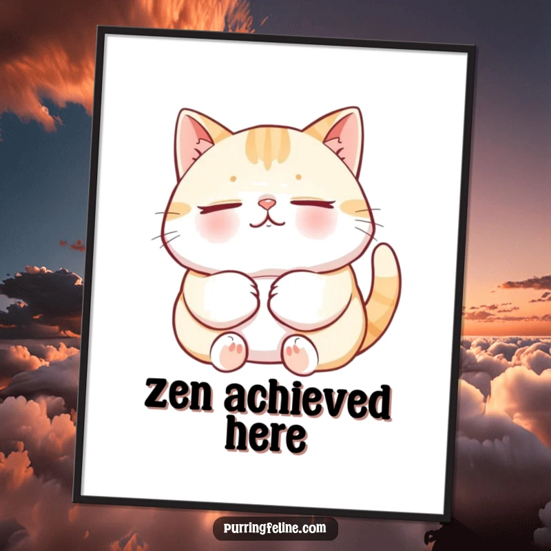 Funny Cat Poster depicting a relaxed cat purring deeply, radiating pure contentment and a humorous, peaceful atmosphere for any wall.