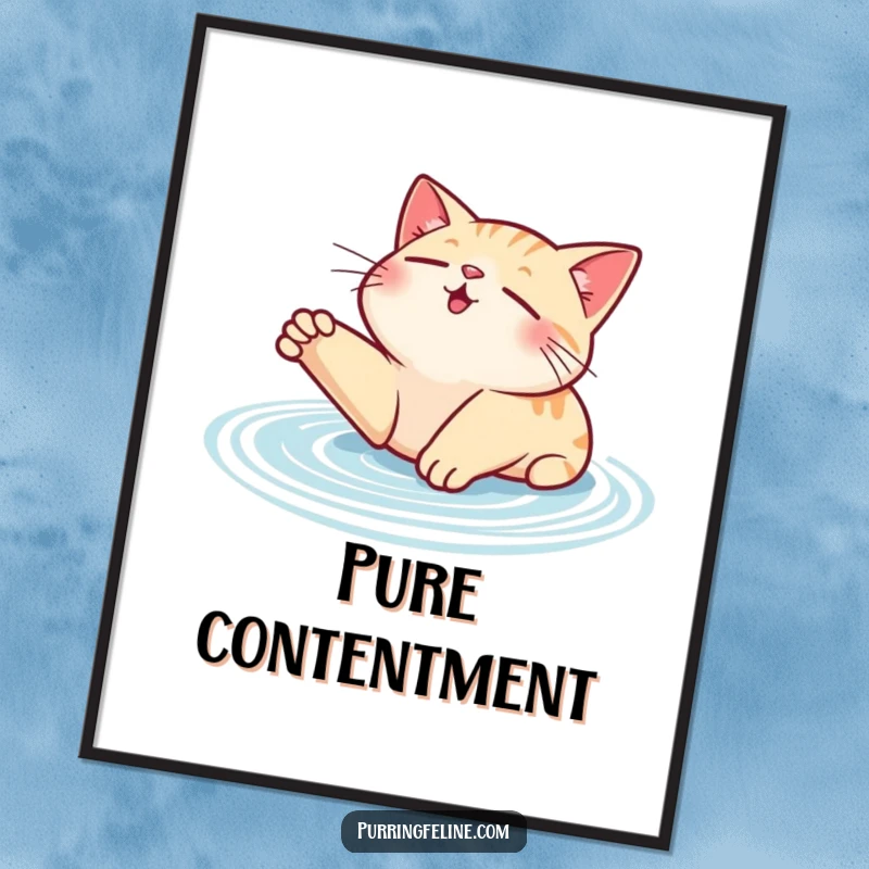 Funny contented cat poster, showing a cat stretching with its purr creating visible ripples, a peaceful and serene image.