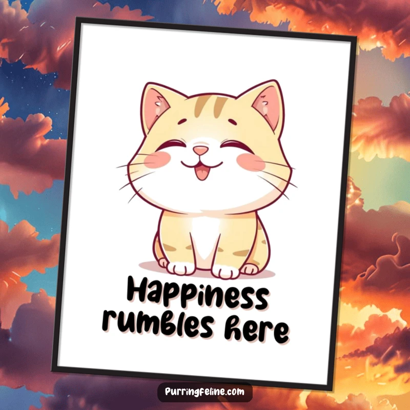 Funny Poster: A happy, content cat emanating a soft rumble, symbolizing pure joy and peaceful sound.